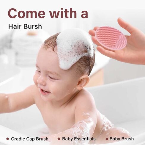 mandoo Baby Bath Rinse Cup - Food Grade Silicone - Shampoo & Body Washing Rinser Cup for Kids with Easy Grip Handle to Rinse Baby Shampoo and Soap - Baby Essentials (Pink+Brush) in Kuwait