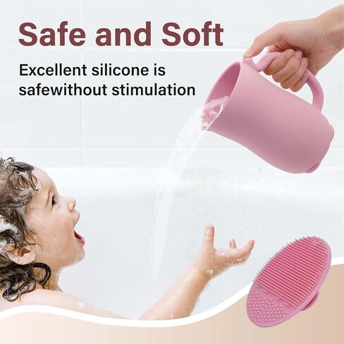 mandoo Baby Bath Rinse Cup - Food Grade Silicone - Shampoo & Body Washing Rinser Cup for Kids with Easy Grip Handle to Rinse Baby Shampoo and Soap - Baby Essentials (Pink+Brush) in Kuwait