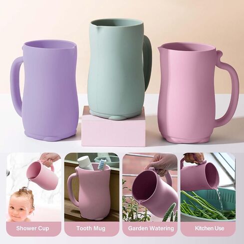 mandoo Baby Bath Rinse Cup - Food Grade Silicone - Shampoo & Body Washing Rinser Cup for Kids with Easy Grip Handle to Rinse Baby Shampoo and Soap - Baby Essentials (Pink+Brush) in Kuwait