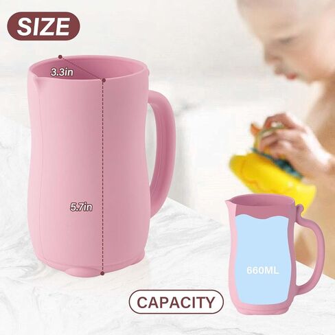 mandoo Baby Bath Rinse Cup - Food Grade Silicone - Shampoo & Body Washing Rinser Cup for Kids with Easy Grip Handle to Rinse Baby Shampoo and Soap - Baby Essentials (Pink+Brush) in Kuwait