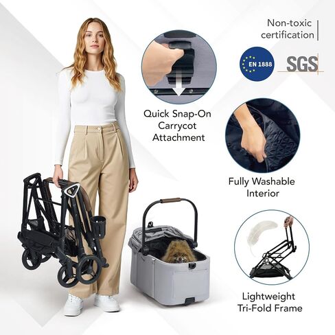 ibiyaya Tinker Pet Stroller for Small Dogs and Cats – 3-in-1 Pet Carrier, Dual-Opening Canopy, No-Flat Wheels, Vegan Leather Handle, Large Storage Basket (Sage Green) in Saudi Arabia