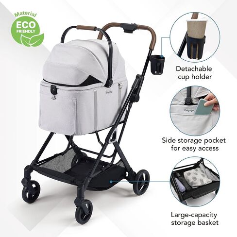ibiyaya Tinker Pet Stroller for Small Dogs and Cats – 3-in-1 Pet Carrier, Dual-Opening Canopy, No-Flat Wheels, Vegan Leather Handle, Large Storage Basket (Sage Green) in Saudi Arabia