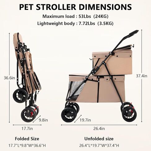 Double Pet Stroller for Medium Small Dogs and Cats with 2 Carriage, Durable Universal Wheels with Brakes Lightweight One Hand Foldale Kittens Puppies Travel Strolling Cart (Gray) in Kuwait