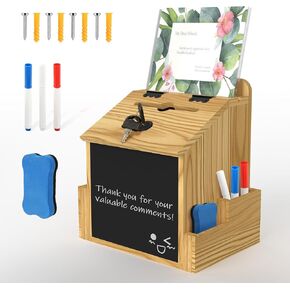 Wooden Suggestion Box with Slot and Lock, Wooden Tip Donation Box for Savings Fundraising, Tabletop Wall Mounted Prayer Box for Church, Wedding with Blackboard Eraser and Erasable Pen in Kuwait