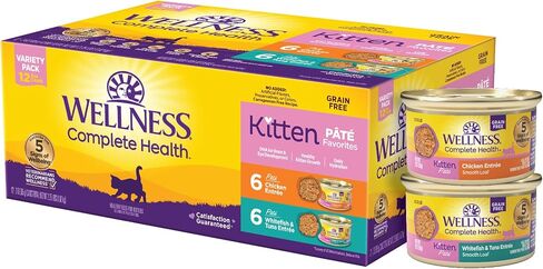Wellness Complete Health Pate Kitten Wet Cat Food, Natural, Protein-Rich, Grain Free, 3 Ounce, 12 Pack, (Whitefish & Chicken Variety Pack) in Kuwait