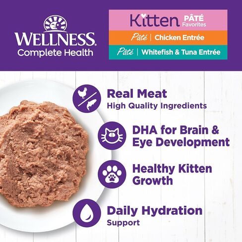 Wellness Complete Health Pate Kitten Wet Cat Food, Natural, Protein-Rich, Grain Free, 3 Ounce, 12 Pack, (Whitefish & Chicken Variety Pack) in Kuwait