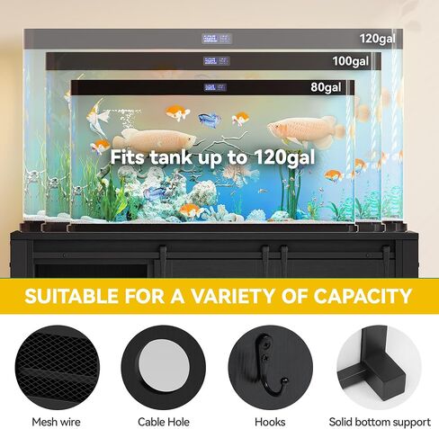 DWVO 120 Gallon Aquarium Stand with Power Outlets, Heavy Duty Metal Fish Tank Stand & Cabinet, Reptile Terrarium Table with 1100LBS Capacity for Aquarium Accessories Storage, Black in Kuwait