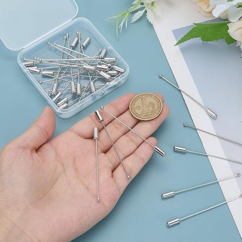 30pcs بروش دبوس عصا 62 ملم/2.4 بوصة معدنية رأس الكرة المعدنية دبوس مع سدادة نهاية الغطاء البلاتين البوتنيه سلامة الدبوس للرجال من طية صدر السترة. in Kuwait