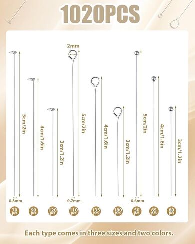 دبابيس العين ودبابيس الرأس المسطحة لصنع المجوهرات ، 1020 PCS Eyepins Metal ، و Headpins و Ball Head Dins for DIY ، وقلادات ، وأساور ، ومساعدين ، 1.2 "، 1.6" ، 2 "، الذهب والفضة in Saudi Arabia