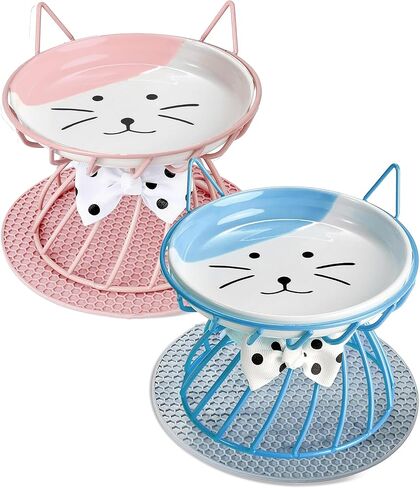 Elevated Cat Food Dish, Ceramic, Non-Slip Stand, Raised Feeding Station, 5 in, Shallow for Whiskers, Dishwasher Safe in Kuwait