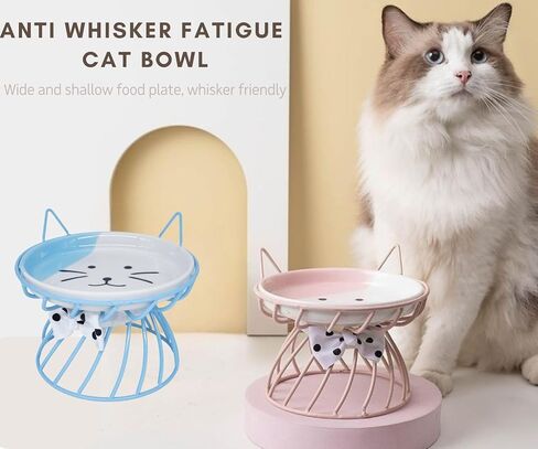 Elevated Cat Food Dish, Ceramic, Non-Slip Stand, Raised Feeding Station, 5 in, Shallow for Whiskers, Dishwasher Safe in Kuwait