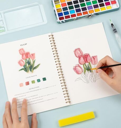 مصنف مائي ، كتاب تلوين الماء ، 12 نمطًا مختلفًا من تصميمات DIY الأصلية ، و 50 لونًا طلاءًا مائيًا مع لوحة وفرشاة ، ومصنفات مائية صديقة للمبتدئين (باقات) in Kuwait