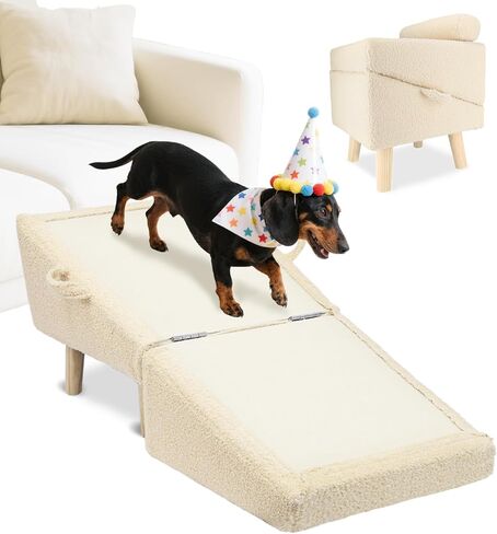 درج الكلاب للكلاب الصغيرة والقطط-منحدر الكلاب 2 في 1 للسرير والأريكة ، و 16.5 '' خطوات خشبية قابلة للطي ، والتصميم العثماني متعدد الاستخدامات قوي ، بيج ، بيج in Kuwait
