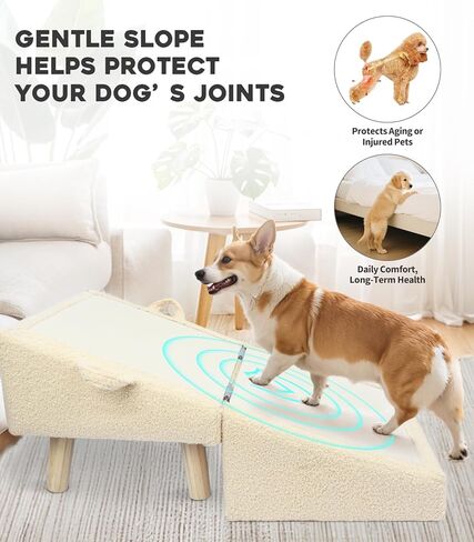 درج الكلاب للكلاب الصغيرة والقطط-منحدر الكلاب 2 في 1 للسرير والأريكة ، و 16.5 '' خطوات خشبية قابلة للطي ، والتصميم العثماني متعدد الاستخدامات قوي ، بيج ، بيج in Kuwait
