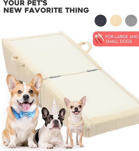 درج الكلاب للكلاب الصغيرة والقطط-منحدر الكلاب 2 في 1 للسرير والأريكة ، و 16.5 '' خطوات خشبية قابلة للطي ، والتصميم العثماني متعدد الاستخدامات قوي ، بيج ، بيج in Kuwait