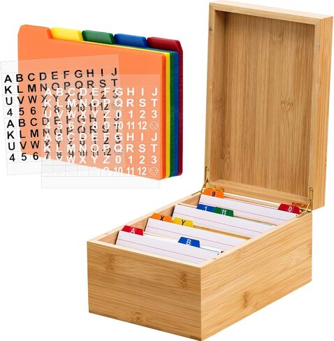 Henoyso 3 x 5 Inches Index Card Holder Set, Bamboo Recipe Box Organizer Index Cards Organizer, 50 Pcs Dividers 2 Sheets Alphabet Number Stickers File Note Holders for Office Business Home Kitchen in Saudi Arabia