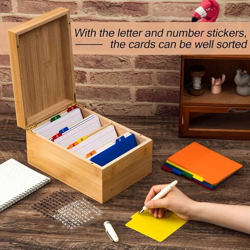Henoyso 3 x 5 Inches Index Card Holder Set, Bamboo Recipe Box Organizer Index Cards Organizer, 50 Pcs Dividers 2 Sheets Alphabet Number Stickers File Note Holders for Office Business Home Kitchen in Saudi Arabia