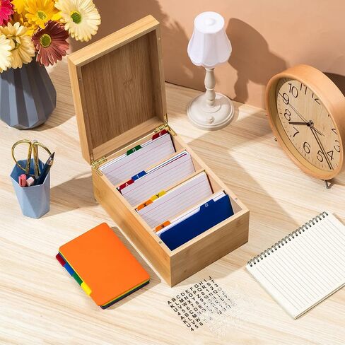 Henoyso 3 x 5 Inches Index Card Holder Set, Bamboo Recipe Box Organizer Index Cards Organizer, 50 Pcs Dividers 2 Sheets Alphabet Number Stickers File Note Holders for Office Business Home Kitchen in Saudi Arabia