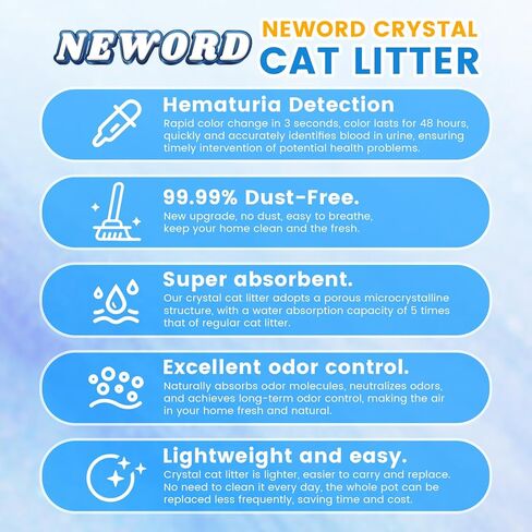 Neword Crystals Cat Sterter Health Monitor Resident Cater Cat Sterter - Deptection Deptection - يساعد في اكتشاف المخالفات في البول القط - القمامة الكريستالية غير المنقوشة مع هلام السيليكا 8 رطل. شنطة in Kuwait
