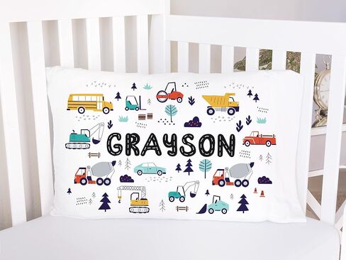 Personalized Cars Pillowcase, Kids Name Pillowcase With Trucks And Tractors, Grandson Pillowcase in Standard or Toddler Size in Saudi Arabia