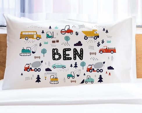 Personalized Cars Pillowcase, Kids Name Pillowcase With Trucks And Tractors, Grandson Pillowcase in Standard or Toddler Size in Saudi Arabia