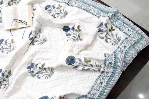 Jaipuri Razai Blue Handblock Print Quilt Indian Indervible Kantha Bedspread ، Duvet Cotton Throw Queen Blanting 90x108 (Queen ، Blue) in Saudi Arabia