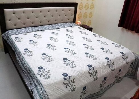 Jaipuri Razai Blue Handblock Print Quilt Indian Indervible Kantha Bedspread ، Duvet Cotton Throw Queen Blanting 90x108 (Queen ، Blue) in Saudi Arabia