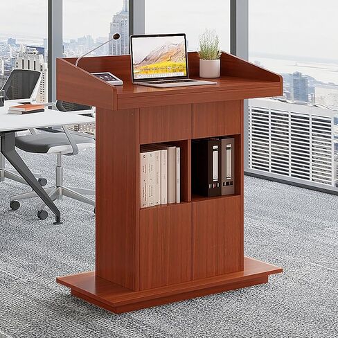 Lectern Solid Wood Podiums Floor Standing Podiums Rolling Podium with Wheel Church Podium and Pulpits Mobile Speaking Lectern with Wire Holes and Storage (Dark Walnut, 31.4″×19.68″×44″) in Saudi Arabia
