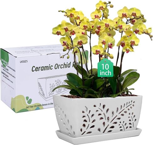 Ceramic Orchid Pot, 10 Inch Rectangular Orchid Pots with Holes, Premium Thickened Handmade Glazed Pot for Orchidaceae Plants, Indoor Outdoor Decorative Flower Pots for Easy Repotting in Saudi Arabia