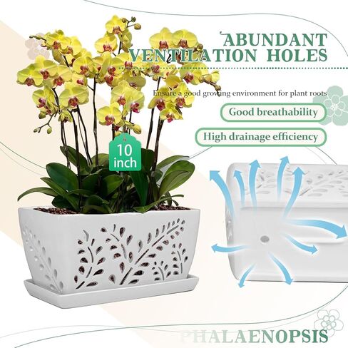 Ceramic Orchid Pot, 10 Inch Rectangular Orchid Pots with Holes, Premium Thickened Handmade Glazed Pot for Orchidaceae Plants, Indoor Outdoor Decorative Flower Pots for Easy Repotting in Saudi Arabia