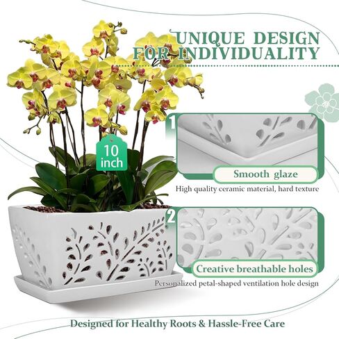 Ceramic Orchid Pot, 10 Inch Rectangular Orchid Pots with Holes, Premium Thickened Handmade Glazed Pot for Orchidaceae Plants, Indoor Outdoor Decorative Flower Pots for Easy Repotting in Saudi Arabia