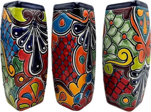 Talavera Planter Pot Square Vase Folk Art Mexican Pottery Handmade Home Decor Indoor Multicolor Outdoor 9.25 "(Multi الفيروز) in Saudi Arabia