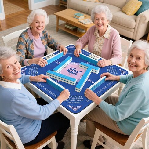 Mahjong Mat with Rules-32.5x32.5 Inch Non-Slip Game Table Mat - Waterproof Neoprene Mat for Noise Reduction, Perfect for Learning & Playing Mahjong, Cards, and Board Games-Includes Carry Bag (Blue) in Saudi Arabia
