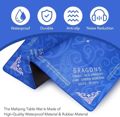 Mahjong Mat with Rules-32.5x32.5 Inch Non-Slip Game Table Mat - Waterproof Neoprene Mat for Noise Reduction, Perfect for Learning & Playing Mahjong, Cards, and Board Games-Includes Carry Bag (Blue) in Saudi Arabia