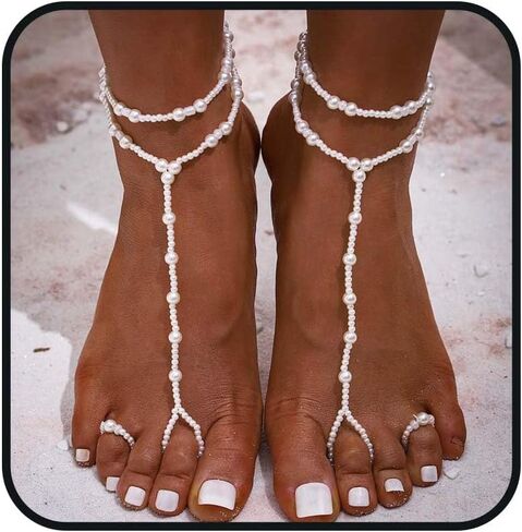 Aularso Pearl Barefoot Sandals Beaded Ankle Bracelets Layered Wedding Anklets Toe Ring Foot Chain Beach Feet Jewelry for Women and Girls(2PCS) in Kuwait
