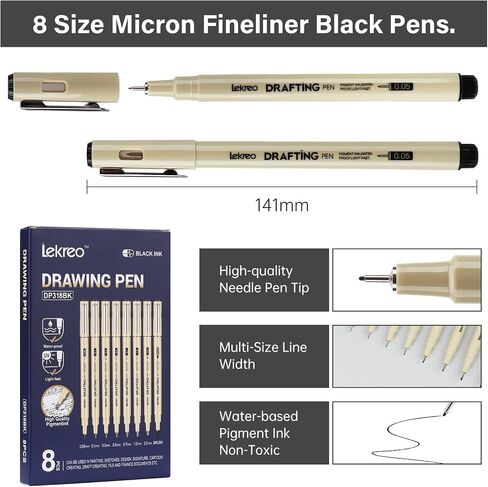 Micron 8 Counts Fineliner Pens - Archival Black Ink Pen - Assorted Points Sizes 0.05mm to 2mm Ultra Fine Tips & Brush Pens for Writing, Drawing, or Bullet Journaling (8 Point Sizes) in Kuwait