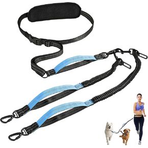 Hands Free Dog Leash, Waist Leash for Dog Walking 2 Dogs, Double Hands Free Lead with Detachable Waist Pad, Padded Handles, Shock Absorbing Bungee for Walking Jogging Hiking, Blue&Black in Saudi Arabia