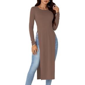 OPOIPIN Women's Crew Neck Split Slit Hem Long Sleeve Slim Fit Blouse Long Shirt Tunic Top in Kuwait