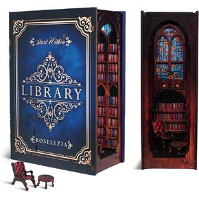 Book Nook DIY Kit – NOOKBOOX 3D Wooden Diorama Miniature Library Bookend Insert with LED Light – Bookshelf Decor Gift for Adults & Teens – Navy Blue in Kuwait
