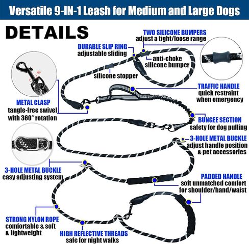 اليدين الكلب الحرة المقود Crossbody & الخصر للمشي الكلاب ، 9 في 1-في -1 الدقاء الشقوق المقود ، خالية من التشابك وعاكس للكلاب المتوسطة والكبيرة ، (1/2 "× 13 قدم ، أسود) in Kuwait