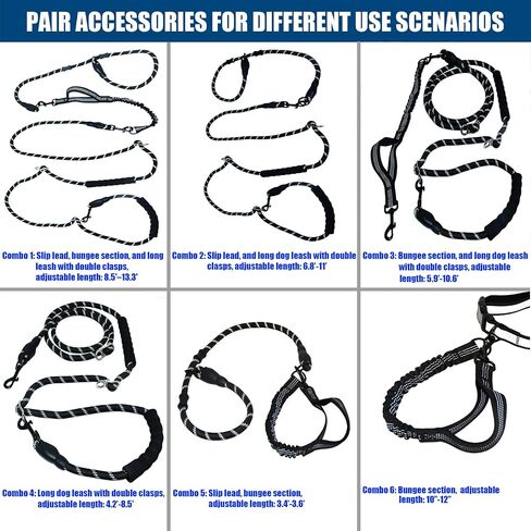 اليدين الكلب الحرة المقود Crossbody & الخصر للمشي الكلاب ، 9 في 1-في -1 الدقاء الشقوق المقود ، خالية من التشابك وعاكس للكلاب المتوسطة والكبيرة ، (1/2 "× 13 قدم ، أسود) in Kuwait