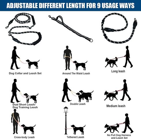اليدين الكلب الحرة المقود Crossbody & الخصر للمشي الكلاب ، 9 في 1-في -1 الدقاء الشقوق المقود ، خالية من التشابك وعاكس للكلاب المتوسطة والكبيرة ، (1/2 "× 13 قدم ، أسود) in Kuwait