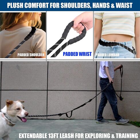 اليدين الكلب الحرة المقود Crossbody & الخصر للمشي الكلاب ، 9 في 1-في -1 الدقاء الشقوق المقود ، خالية من التشابك وعاكس للكلاب المتوسطة والكبيرة ، (1/2 "× 13 قدم ، أسود) in Kuwait