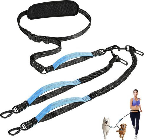 Hands Free Dog Leash, Waist Leash for 2 Dogs, Adjustable Double Hands Free Lead with Detachable Waist Belt, Padded Handles, Shock Absorbing Bungee for Walking Jogging Hiking, Black+Gray in Kuwait
