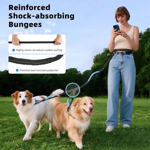 Hands Free Dog Leash, Waist Leash for 2 Dogs, Adjustable Double Hands Free Lead with Detachable Waist Belt, Padded Handles, Shock Absorbing Bungee for Walking Jogging Hiking, Black+Gray in Kuwait