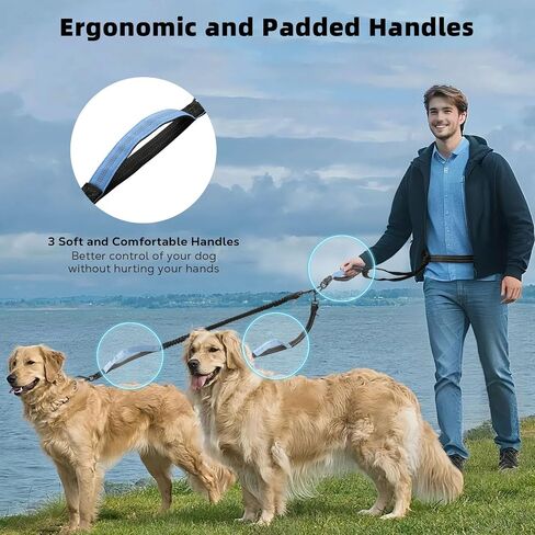 Hands Free Dog Leash, Waist Leash for 2 Dogs, Adjustable Double Hands Free Lead with Detachable Waist Belt, Padded Handles, Shock Absorbing Bungee for Walking Jogging Hiking, Black+Gray in Kuwait