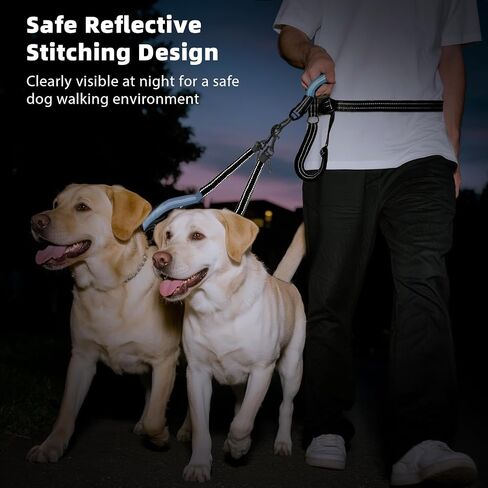 Hands Free Dog Leash, Waist Leash for 2 Dogs, Adjustable Double Hands Free Lead with Detachable Waist Belt, Padded Handles, Shock Absorbing Bungee for Walking Jogging Hiking, Black+Gray in Kuwait