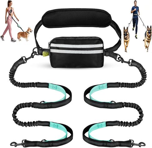 Hands Free Dual Dog Leash with Pouch for Medium & Large Dogs - Crossbody & Waist Leash for Dog Walking - Bungee with Padded Handles, Reflective Stitches, No Pull, Tangle Free in Kuwait