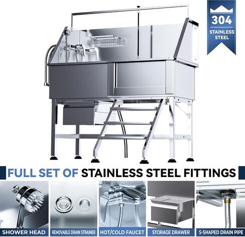 46" Dog Washing Station, Professional Stainless Steel Dog Bathing Station Dog Bathtub for Large & Medium Dog, Height Adjustable Dog Grooming Tub with Storage Drawer, Movable Stair (Right Stair) in Saudi Arabia
