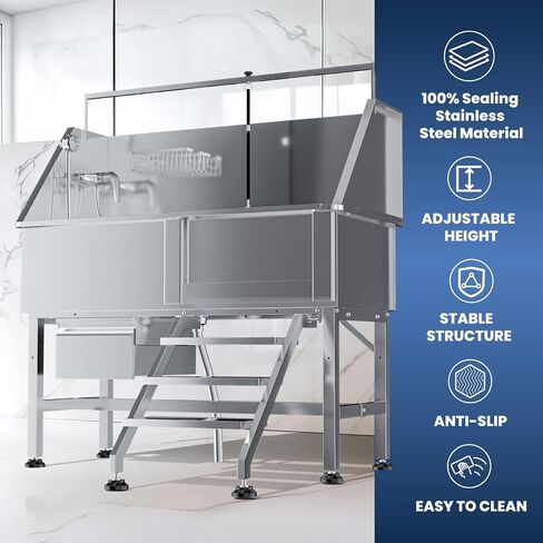 46" Dog Washing Station, Professional Stainless Steel Dog Bathing Station Dog Bathtub for Large & Medium Dog, Height Adjustable Dog Grooming Tub with Storage Drawer, Movable Stair (Right Stair) in Saudi Arabia